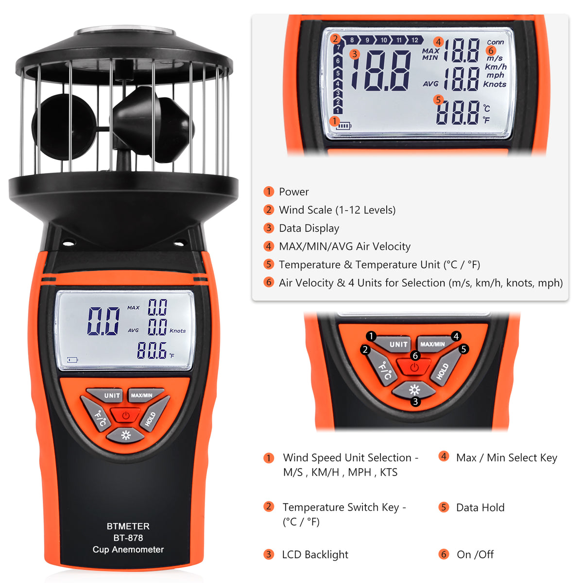 Btmeter Bt-878 Non-directional Cup Anemometer - Measures Wind Speed Me