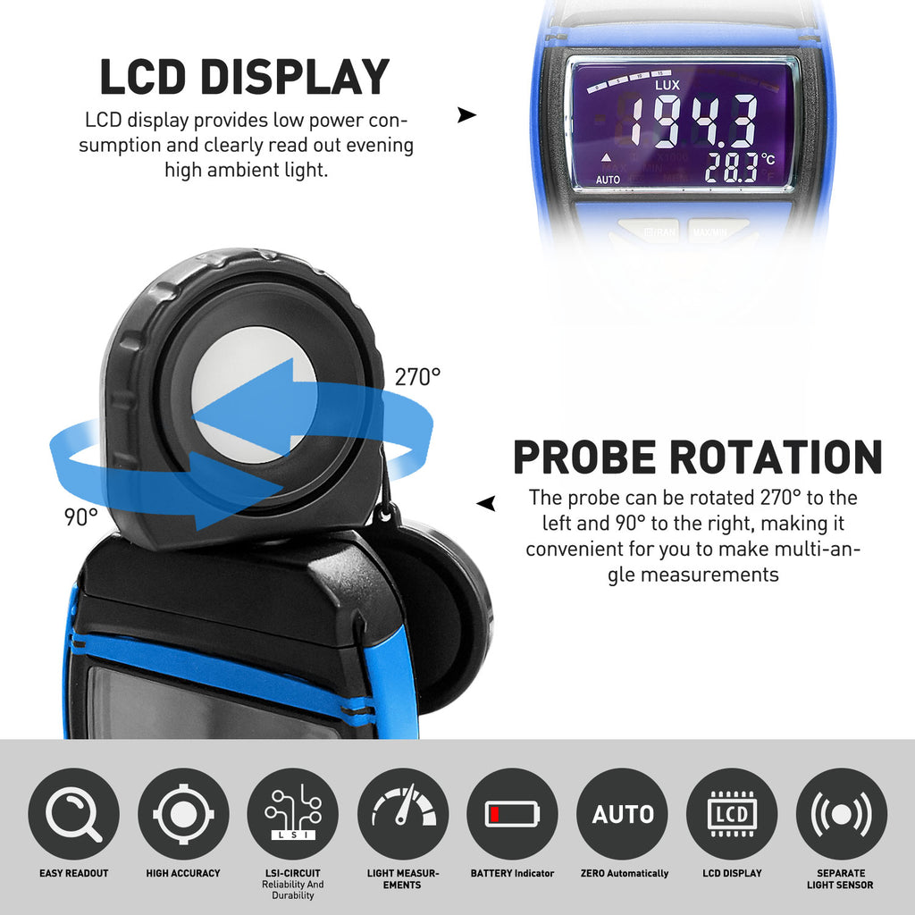 BTMTER BT-8801B Light Meter, Digital Lux Meter 0.1-400,000 Lux, 270º Rotatable Detector