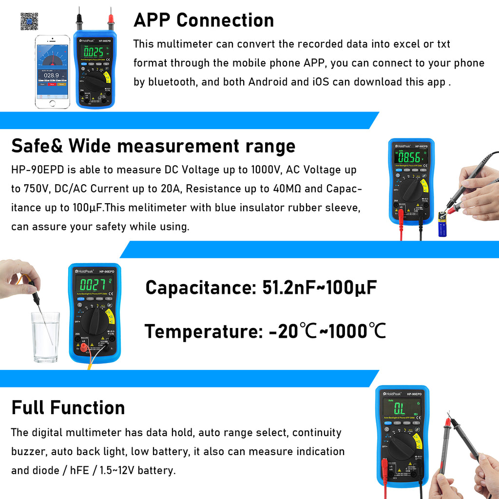 BTMETER BT-90EPD-APP-C Multimeter Mobile APP 4000 Counts True RMS with Color Screen