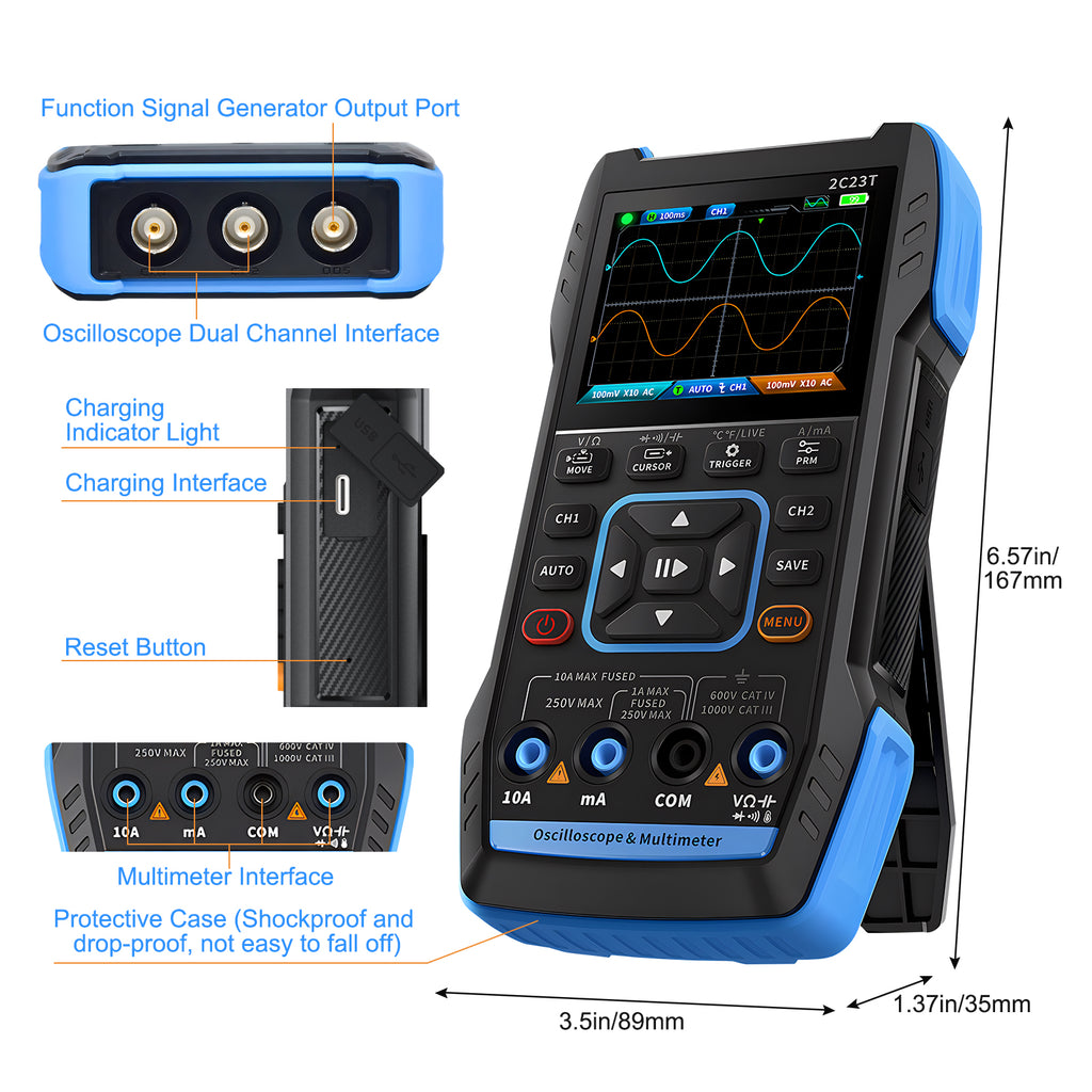 BTMETER 2C23T Multimeter Oscilloscope, 2 Channels, 10MHz Bandwidth, 50MSa/s Sampling Rate, 9999 Counts, AC and DC Meter,  3 in 1