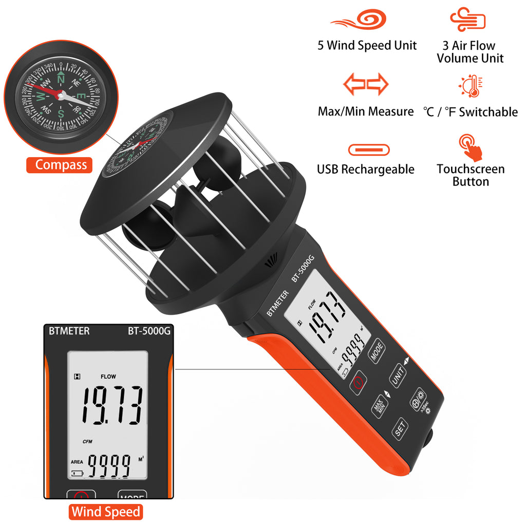 BTMETER BT-5000G  Rechargeable Handheld Wind Speed Meter, Touch Buttons for Shooting, Sailing, Surfing, Drone - btmeter-store