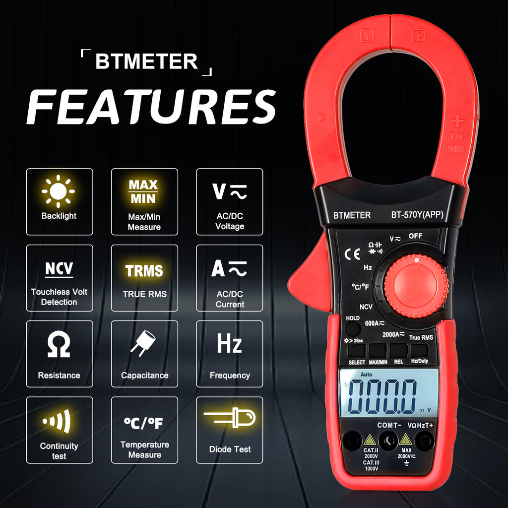 BTMETER-BT-570Y-APP Digital Clamp Multímeter, 2000A, 2000V ,True RMS Meter, Bluetooth, App