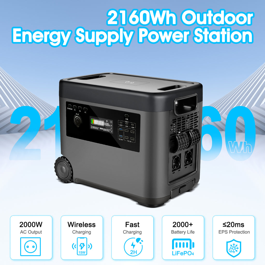 BTMETER CN1-D5-EU Portable Power Station Trolley Pulley Design, 2160 Wh Solar Generator 2000W AC Output for Outdoor Camping, Home Backup, Emergency - btmeter-store