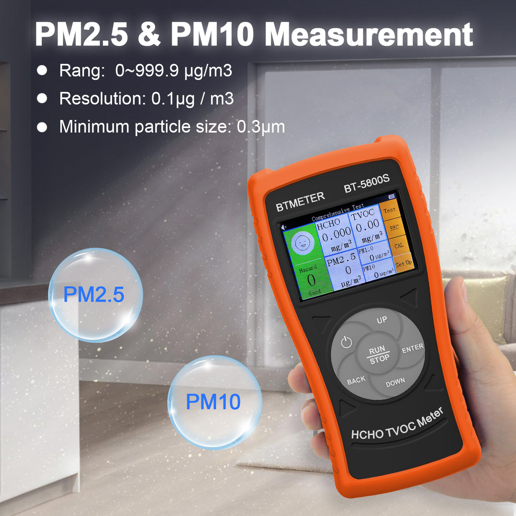 BTMETER Formaldehyde Detector PM2.5 PM10 Particulate Meter, Indoor Air Quality Tester Monitor HCHO TVOC Air Particle Dust for Home Office Factory Warehouse BT-5800S