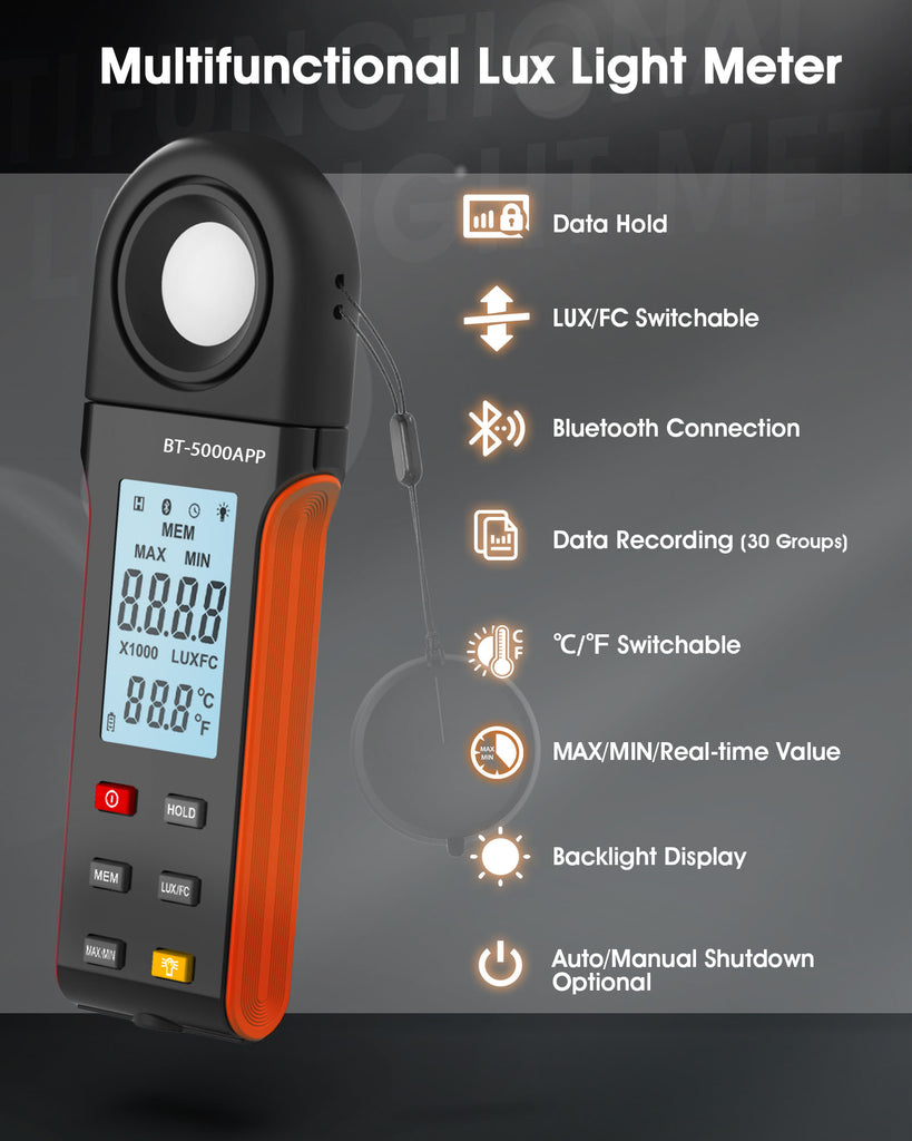 BTMETER BT-5000APP Illuminance Light Meter with Bluetooth, Digital Lux Foot Candles Meter 0.1~400,000 Lux with 270º Rotating Sensor - btmeter-store