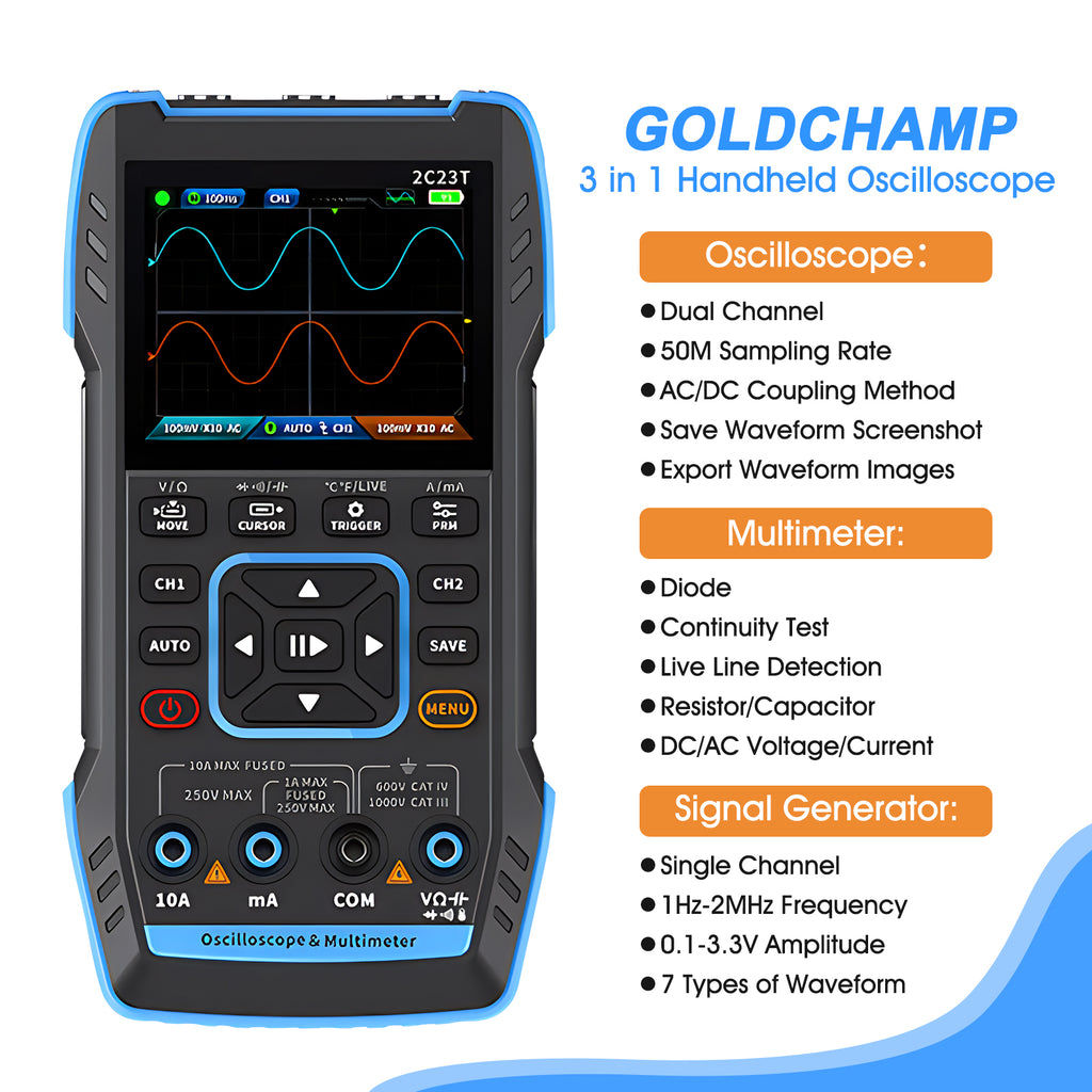 BTMETER 2C23T Multimeter Oscilloscope, 2 Channels, 10MHz Bandwidth, 50MSa/s Sampling Rate, 9999 Counts, AC and DC Meter,  3 in 1