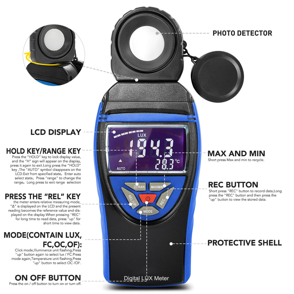 BTMTER BT-8801B Light Meter, Digital Lux Meter 0.1-400,000 Lux, 270º Rotatable Detector