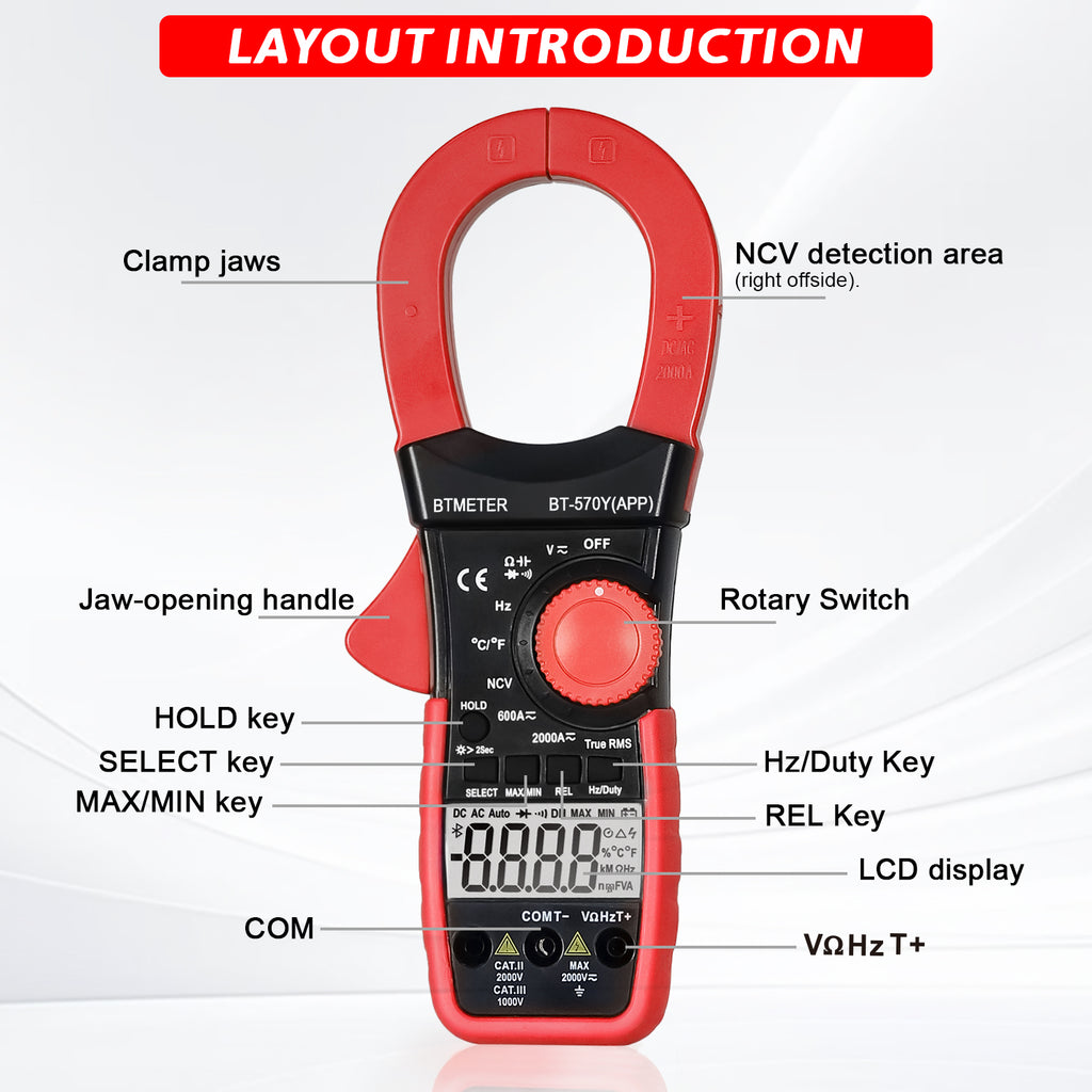 BTMETER-BT-570Y-APP Digital Clamp Multímeter, 2000A, 2000V ,True RMS Meter, Bluetooth, App