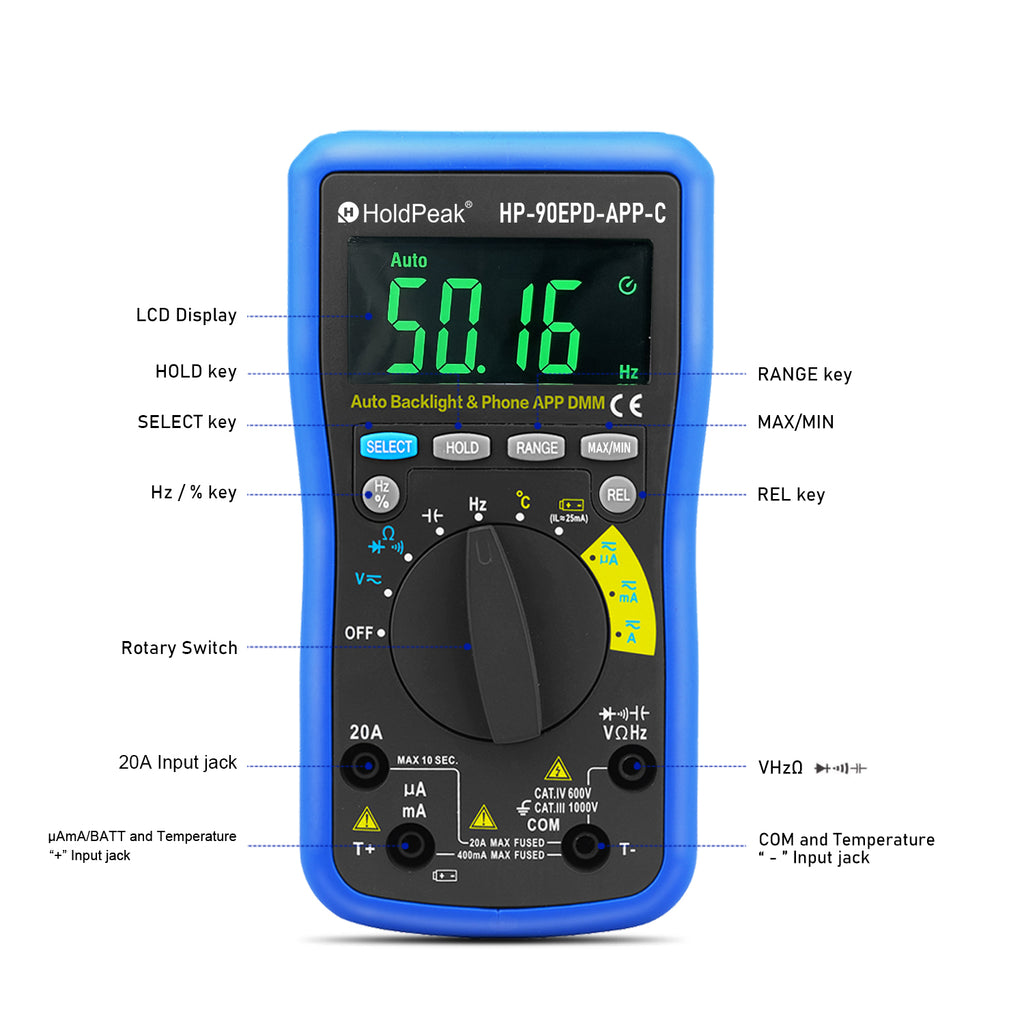 BTMETER BT-90EPD-APP-C Multimeter Mobile APP 4000 Counts True RMS with Color Screen