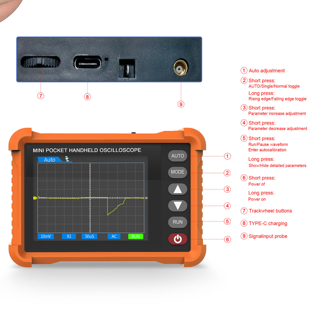 BTMETER BT-500K Mini Oscilloscope - Portable Handheld Tablet Oscilloscope with 500kHz, 2.5MS/s Sampling Rate, 2.8'' Screen