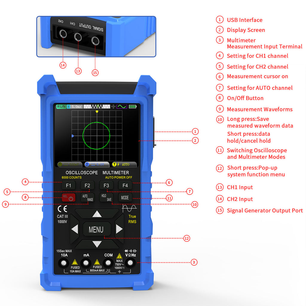 BTMETER BT-50M Digital Oscilloscope Multimeter DDS Generator 3 in 1, 2 Channels, 50MHz Bandwidth, 6000 Counts, Voltage, Current, Capacitance, Resistance