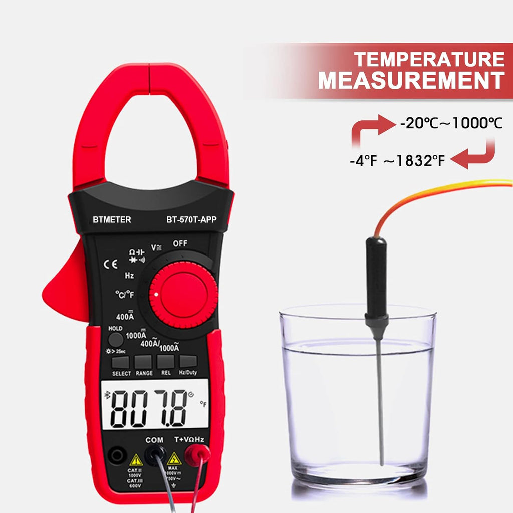 BTMETER 570T-APP AC/DC 1000A Clamp Multimeter, 4000 Counts Digital Clamp-on Meter with Data Logging Measure Amp Volt Ohm Capacitance Frequency Temperature Continuity, Electrical Tester