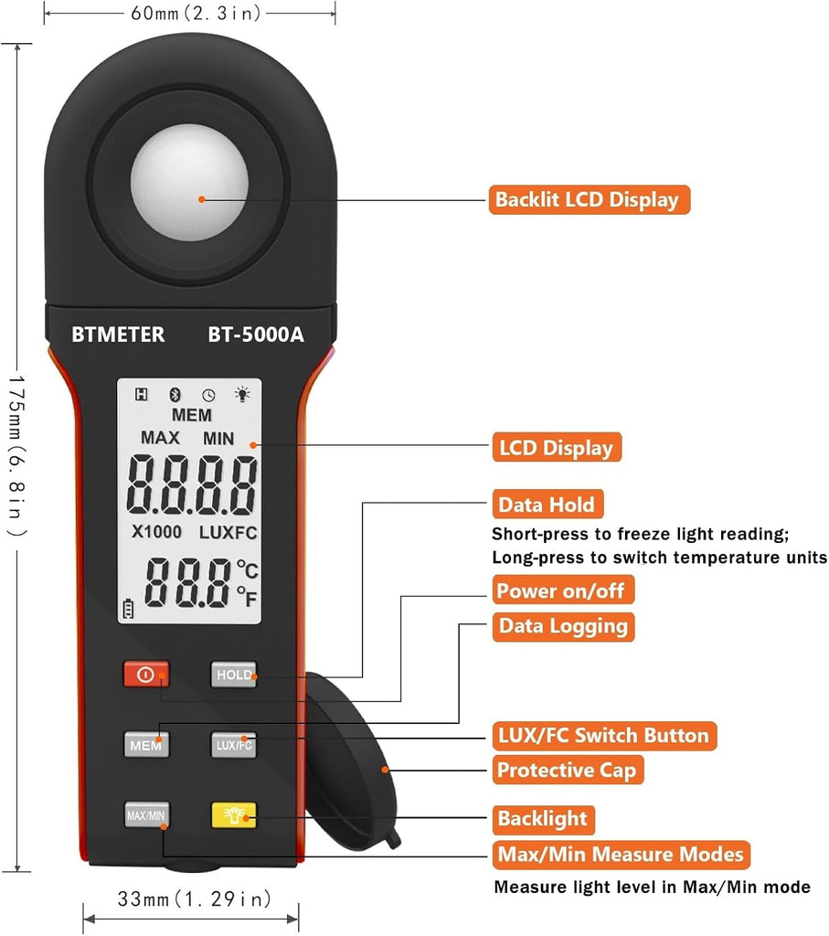 BTMETER Light Lux Meter Logger BT-5000A, Digital Lumen Tester Measure Lighting Level Intensity 0.1~400,000 Lux(0.1~40,000 FC) Foot Candle Luxometer with Data Logging for Plant Grow Aquarium