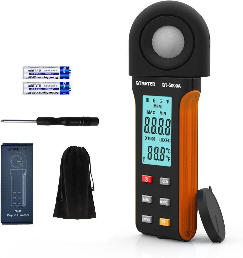 BTMETER Light Lux Meter Logger BT-5000A, Digital Lumen Tester Measure Lighting Level Intensity 0.1~400,000 Lux(0.1~40,000 FC) Foot Candle Luxometer with Data Logging for Plant Grow Aquarium