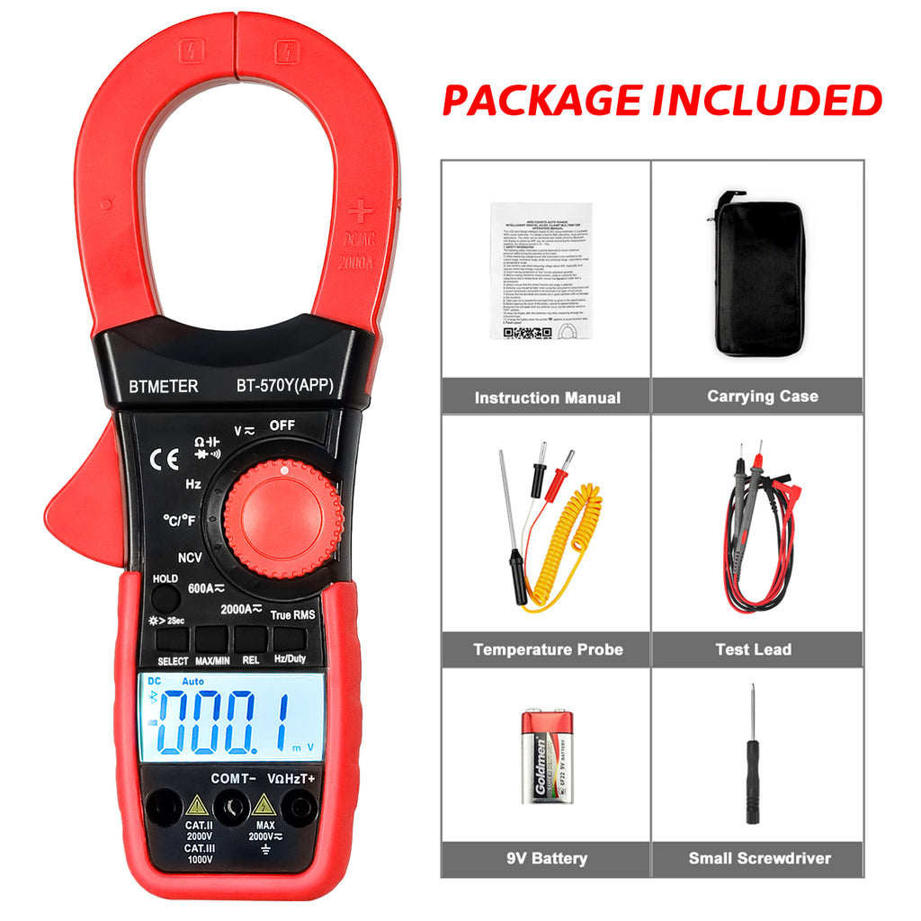 BTMETER-BT-570Y-APP Digital Clamp Multímeter, 2000A, 2000V ,True RMS Meter, Bluetooth, App