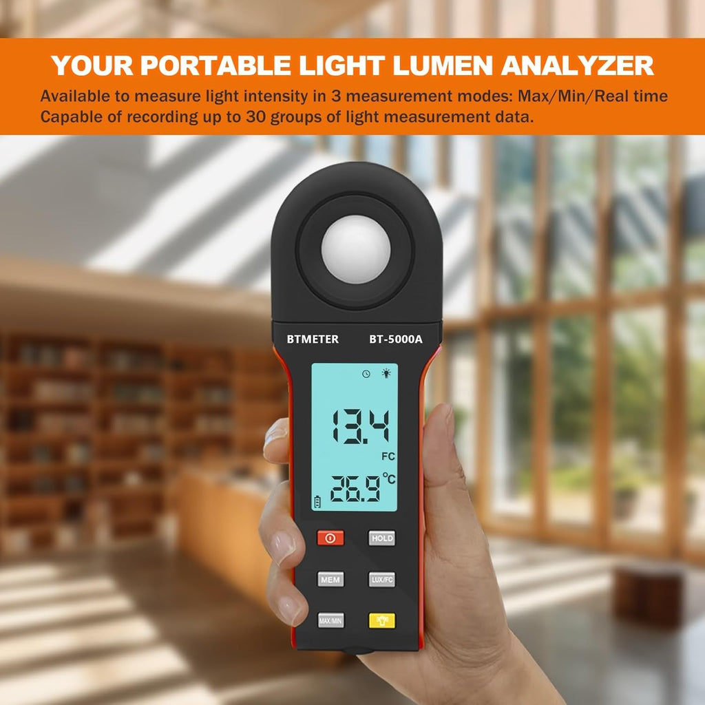 BTMETER Light Lux Meter Logger BT-5000A, Digital Lumen Tester Measure Lighting Level Intensity 0.1~400,000 Lux(0.1~40,000 FC) Foot Candle Luxometer with Data Logging for Plant Grow Aquarium