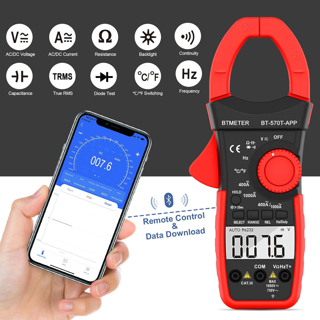 BTMETER 570T-APP AC/DC 1000A Clamp Multimeter, 4000 Counts Digital Clamp-on Meter with Data Logging Measure Amp Volt Ohm Capacitance Frequency Temperature Continuity, Electrical Tester