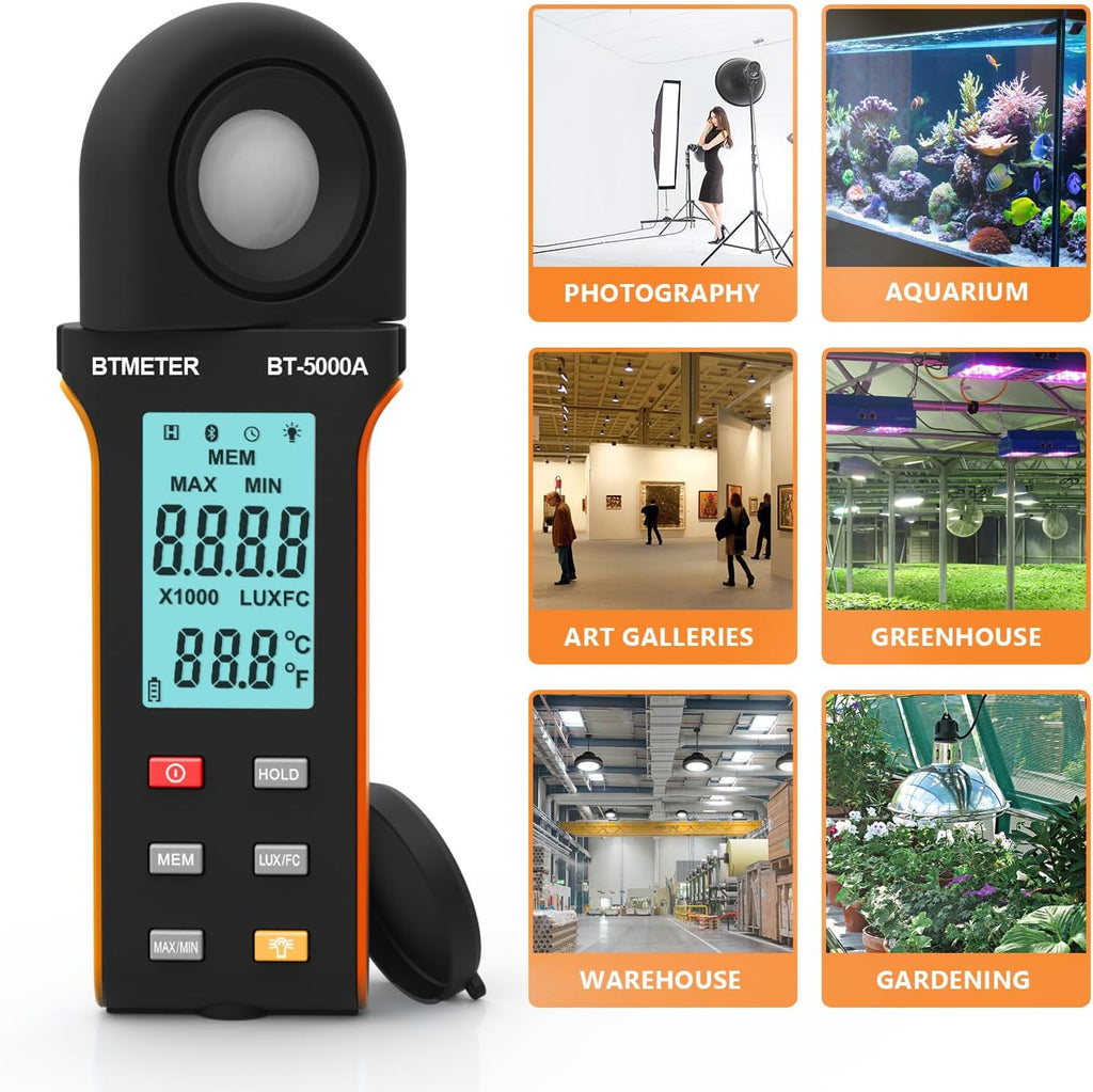 BTMETER Light Lux Meter Logger BT-5000A, Digital Lumen Tester Measure Lighting Level Intensity 0.1~400,000 Lux(0.1~40,000 FC) Foot Candle Luxometer with Data Logging for Plant Grow Aquarium