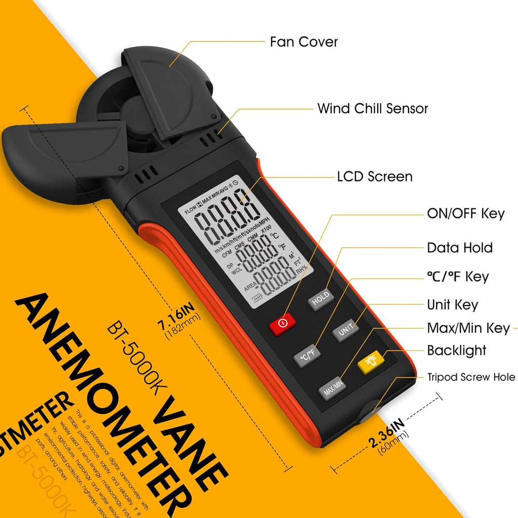 BTMETER BT-5000K Handheld Anemometer with Vane Cover & 270º Rotatable Detector - btmeter-store