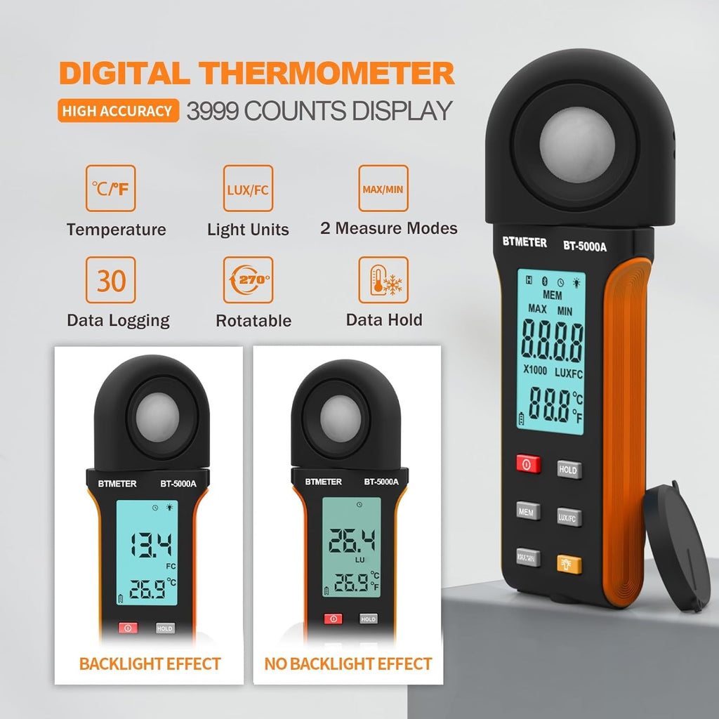 BTMETER Light Lux Meter Logger BT-5000A, Digital Lumen Tester Measure Lighting Level Intensity 0.1~400,000 Lux(0.1~40,000 FC) Foot Candle Luxometer with Data Logging for Plant Grow Aquarium