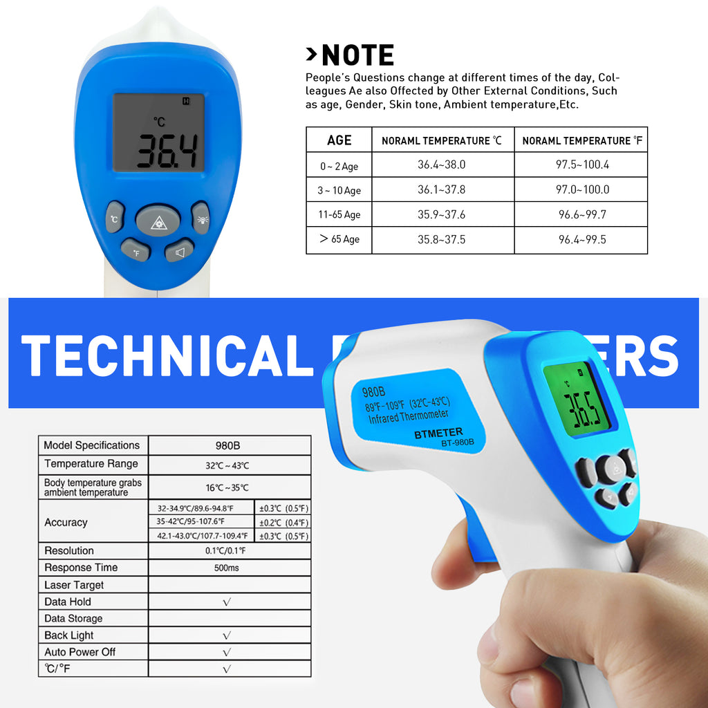 BTMETER BT-980B Touchless Infrared Forehead Thermometer, for Adults & Baby Digital Thermometer Gun