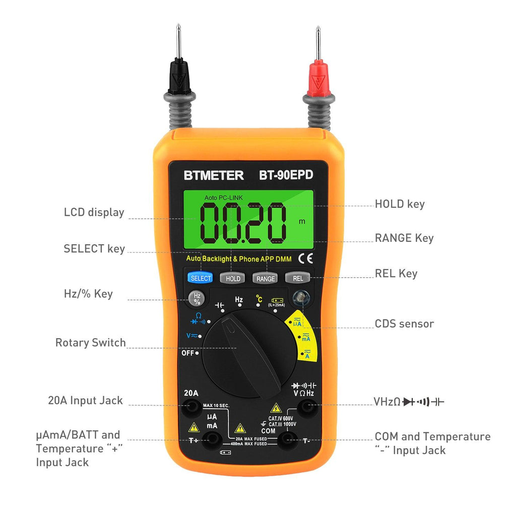 BTMETER BT-90EPD Multimeter Mobile APP 4000 Counts True RMS