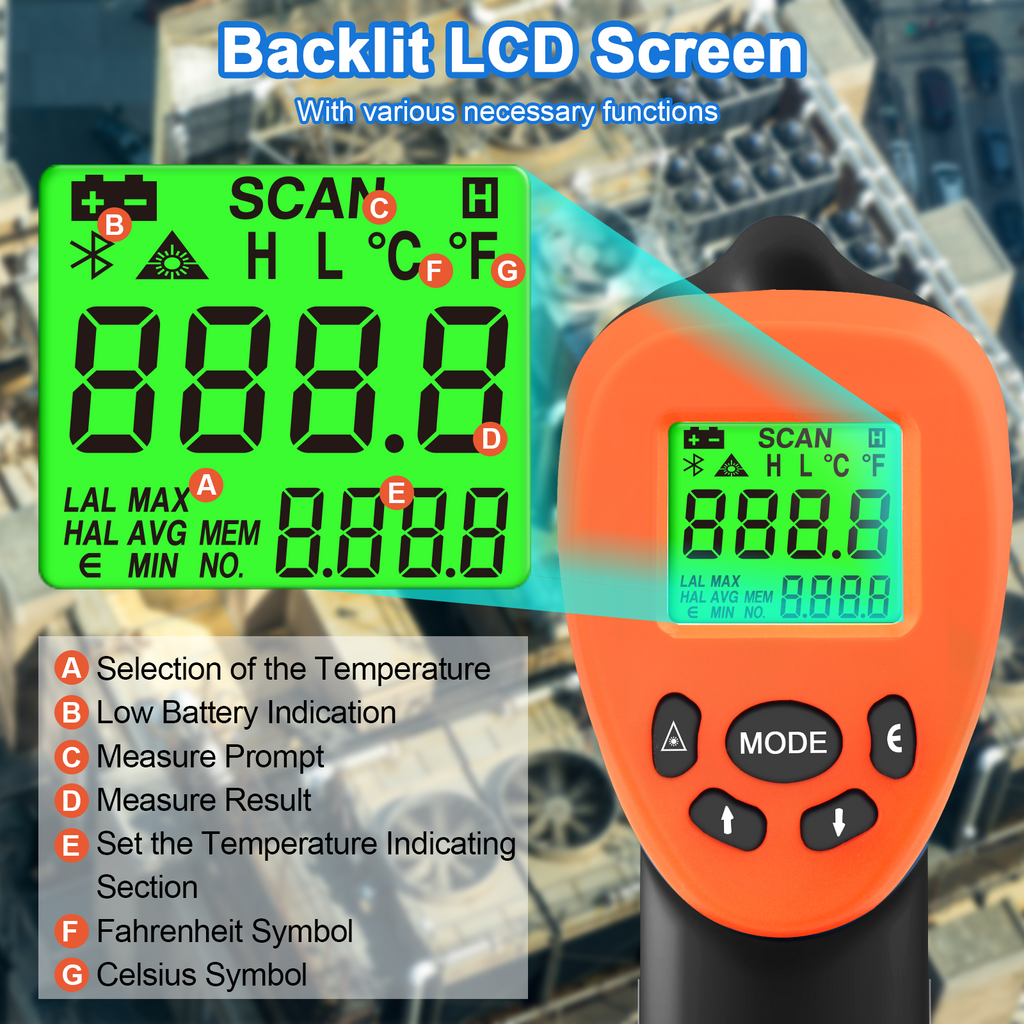 BTMETER BT-980D D:S 12:1 Handheld Industrial Infrared Thermometer for -58℉ to 1022℉(-50°C ~ 550°C)