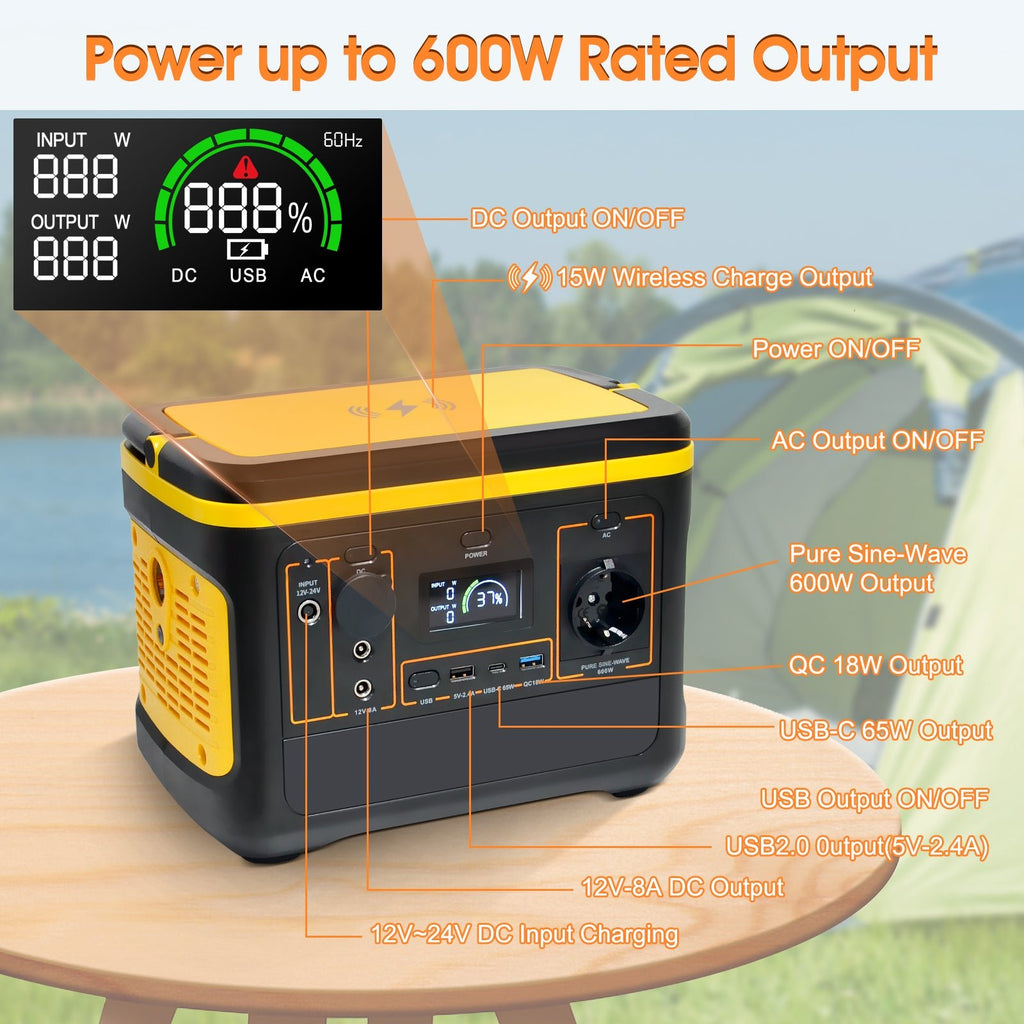 BEMETER BT-M600 Portable Power Station Explorer, 568Wh Backup Lithium Battery, 600W Solar Generator for Outdoors Camping Travel Hunting Blackout - btmeter-store