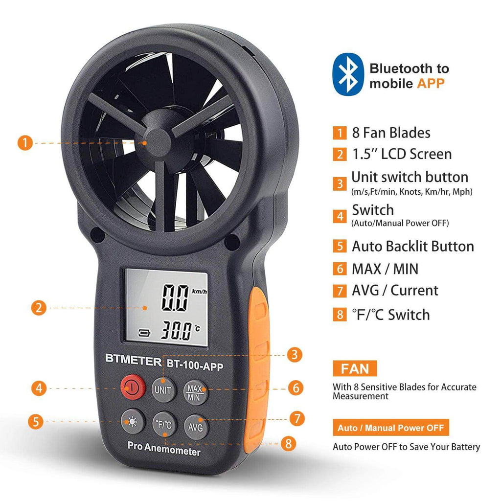 BTMETER BT-100-APP Digital Anemometer, Handheld APP Data Support Wind Speed Meter - btmeter-store