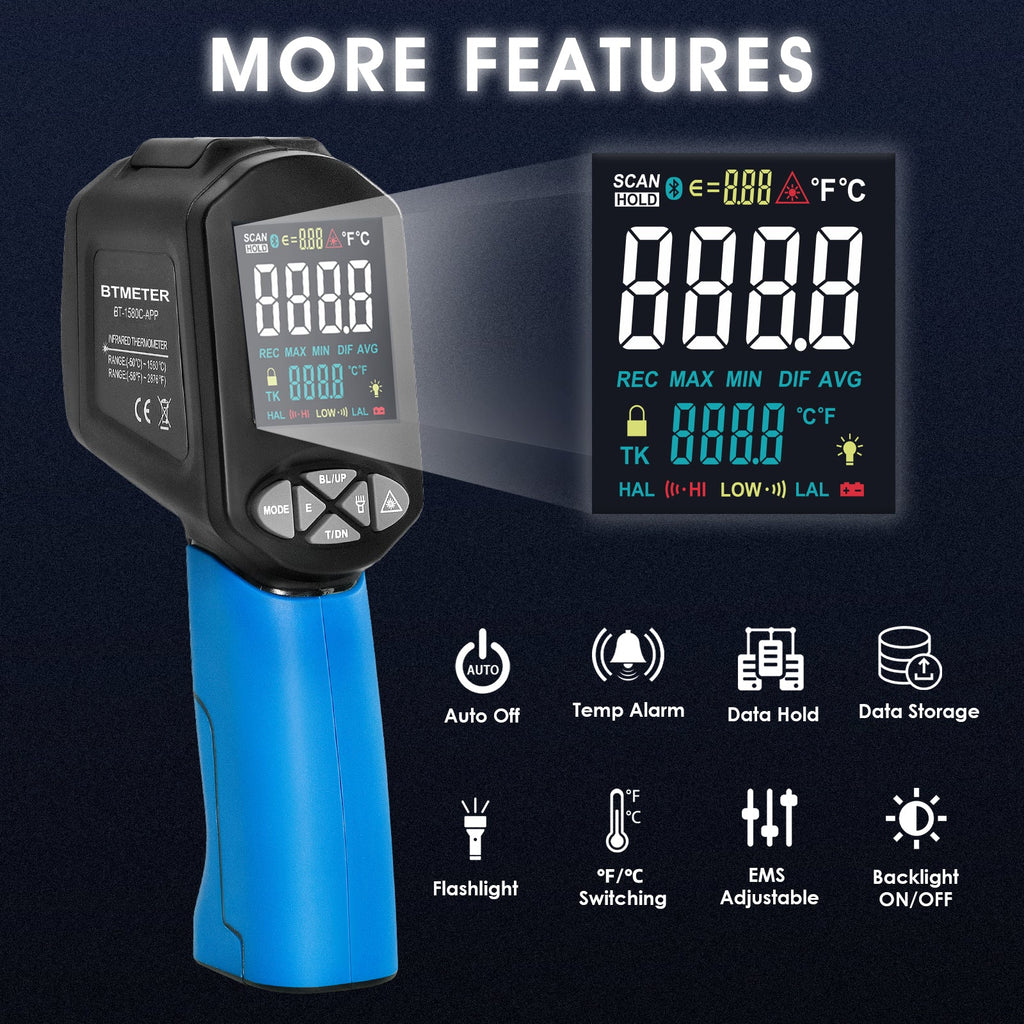 BTMETER BT - 1580C - APP Color Display Infrared Thermometer - 50℃ to 1580℃( - 58 to 2876℉) - btmeter - store