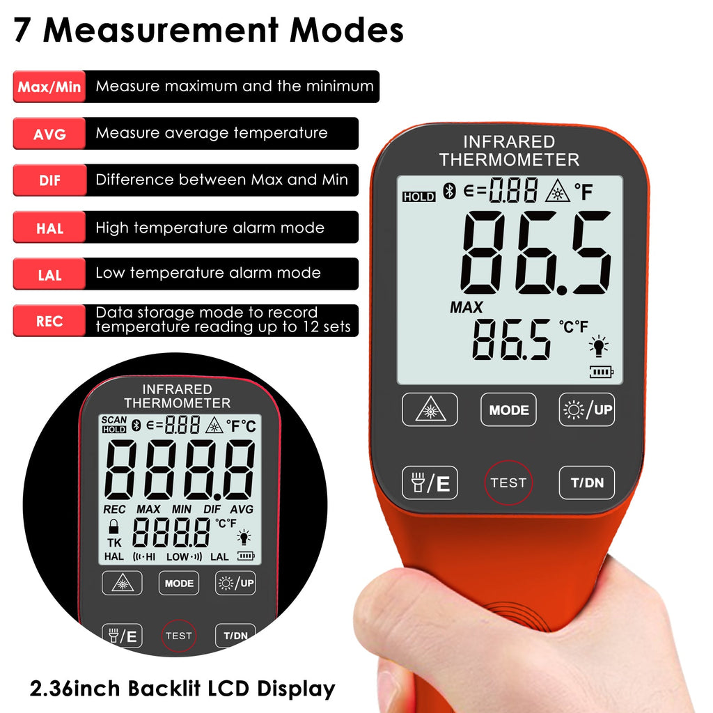 BTMETER BT-1600-APP Waterproof Infrared Thermometer 30:1, Touchscreen Laser Thermometer, Connct the Phone - btmeter-store