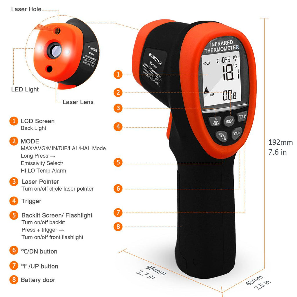 BTMETER BT-1800 High Temperature Infrared Thermometer handheld -50~1800℃ - btmeter-store