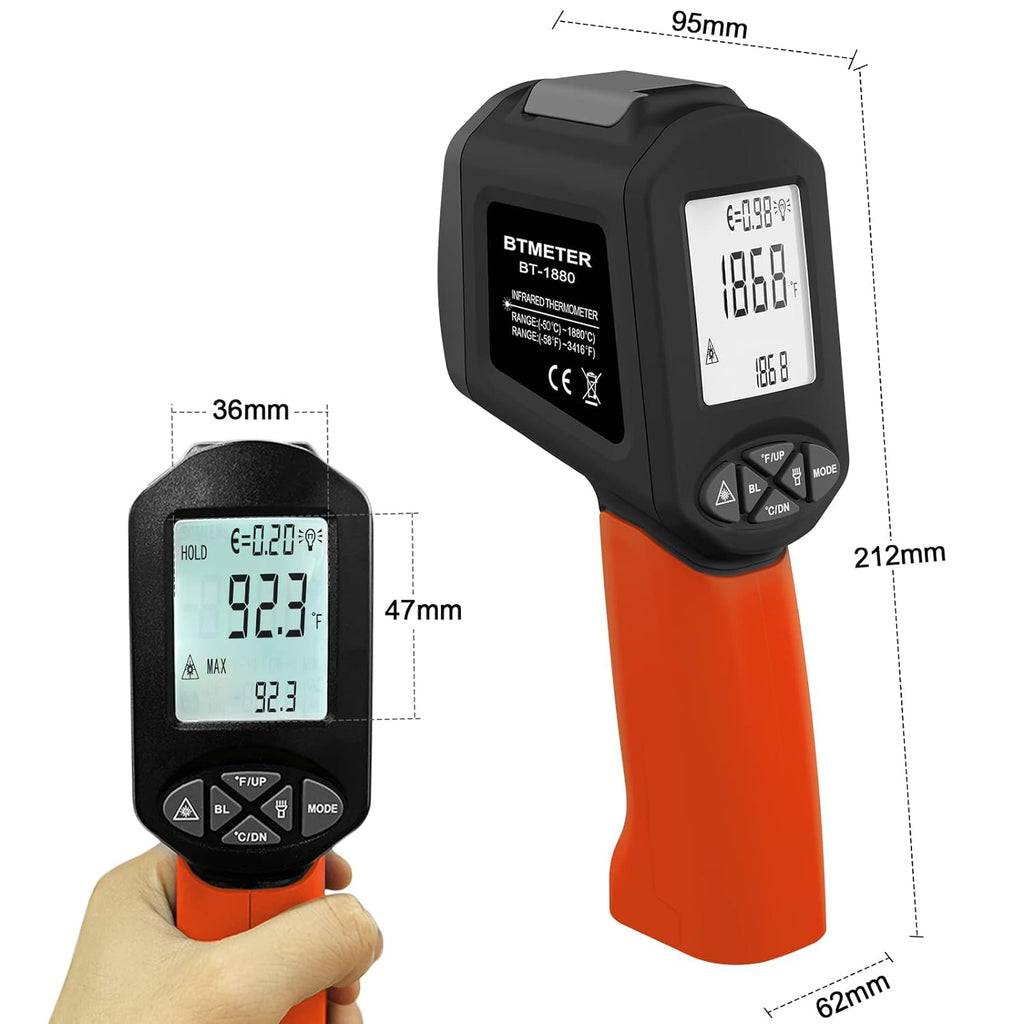 BTMETER BT - 1880 Infrared Thermometer Temperature - 58°F to 3416°F, D:S=50:1 - btmeter - store