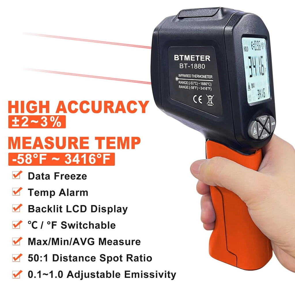 BTMETER BT - 1880 Infrared Thermometer Temperature - 58°F to 3416°F, D:S=50:1 - btmeter - store