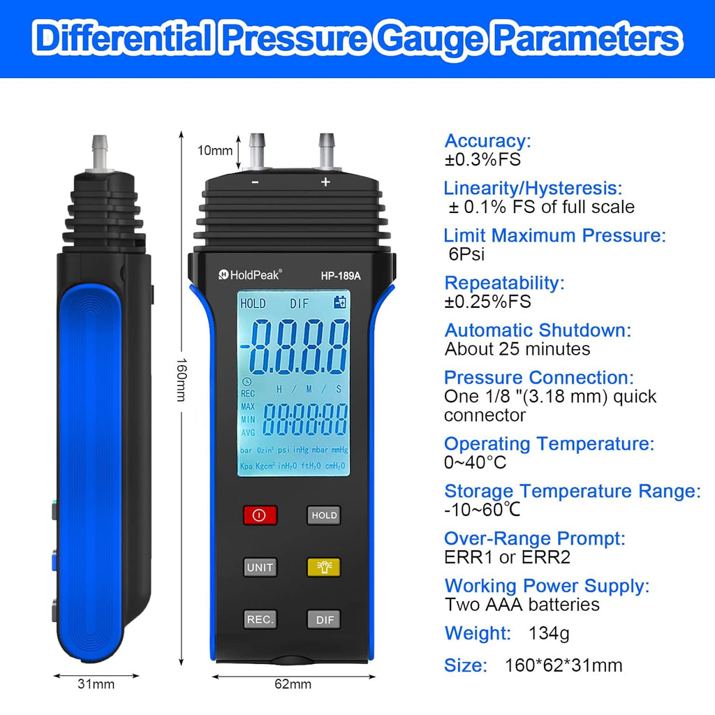 BTMETER BT-189A 2Psi Air and Gas Pressure Tester for Differential/Positive/Negative Pressure HVAC Differential - btmeter-store