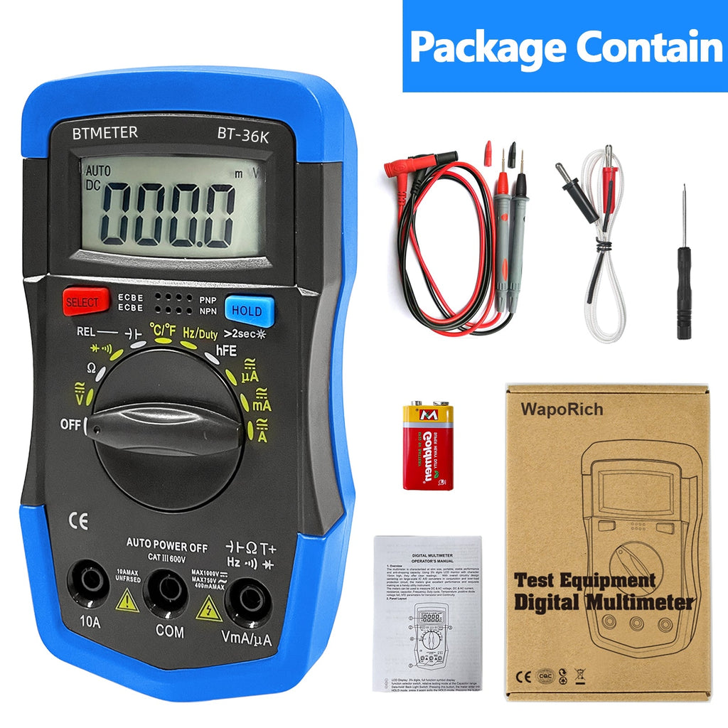 BTMETER BT-36K Digital Multimeter 4000 Counts Auto Ranging AC/DC Current,AC/DC Voltage,Resistance Diodes and fFE with Backlit LCD - btmeter-store