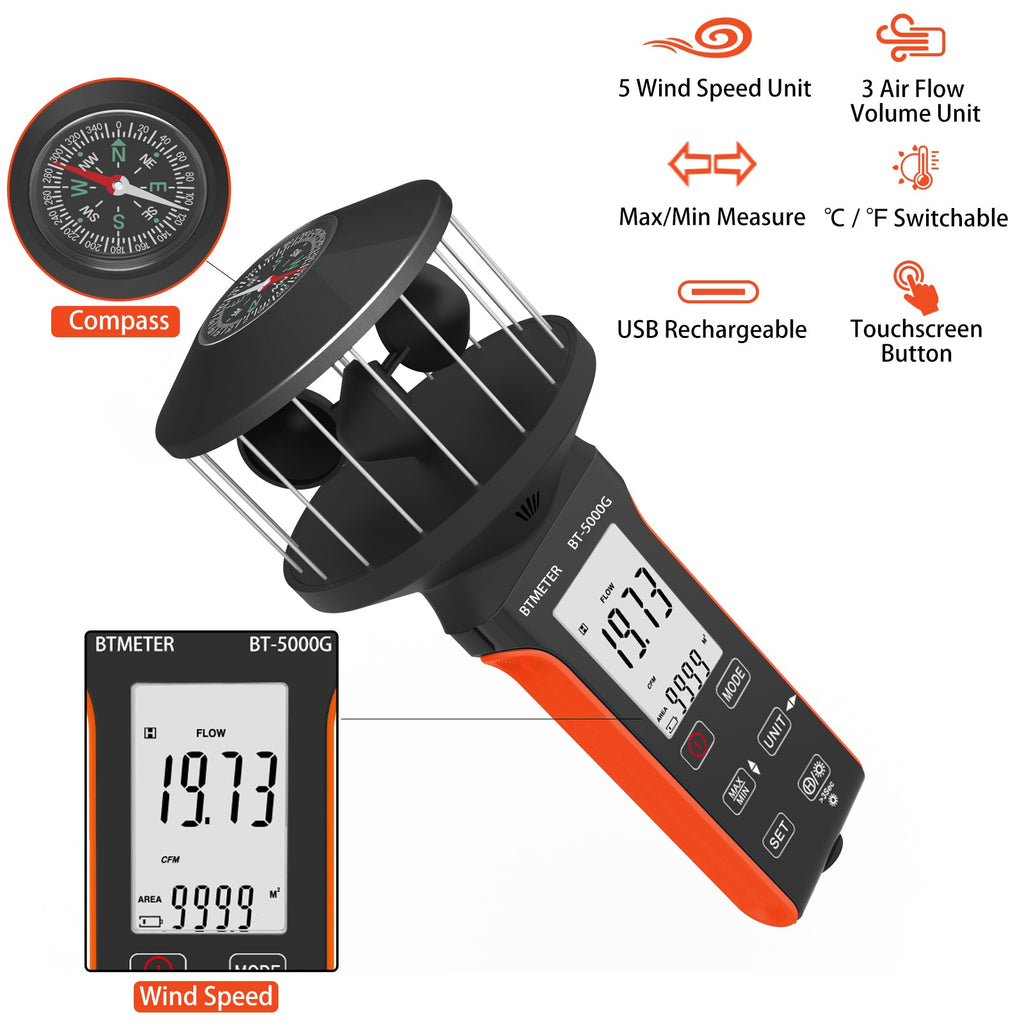 BTMETER BT - 5000G Rechargeable Handheld Wind Speed Meter, Touch Buttons for Shooting, Sailing, Surfing, Drone - btmeter - store