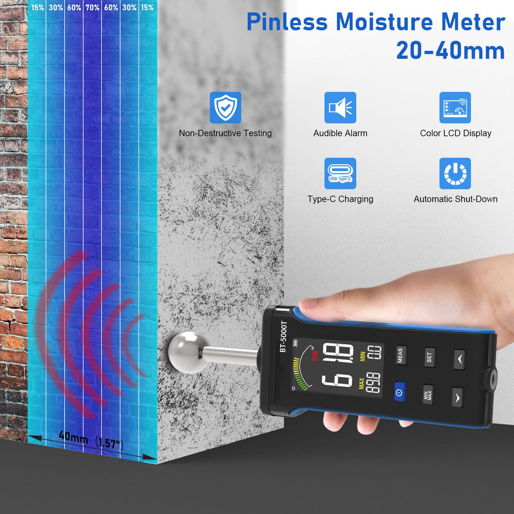 BTMETER BT-5000T Pinless Wood Moisture Meter, Non-Destructive Moisture Meter for Wood, Concrete, Floors, Walls, Measuring Depth 20-40mm Digital Moisture Meter with Masonry-Spherical Sensor - btmeter-store