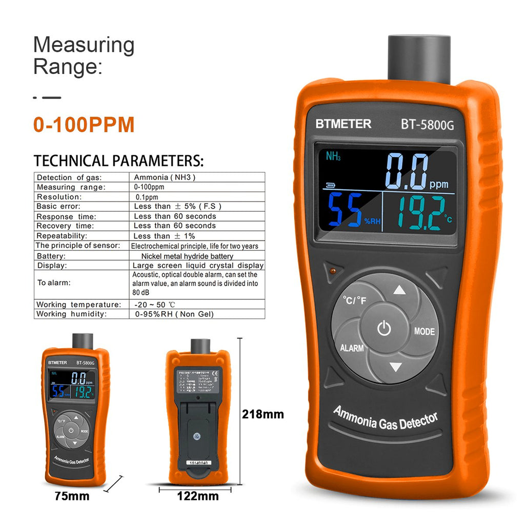 BTMETER BT-5800G Ammonia Gas Detector Sensor, Accurately test for 0~100 PPM Nh3 Monitor Gauge with Temperature Humidity Tester - btmeter-store