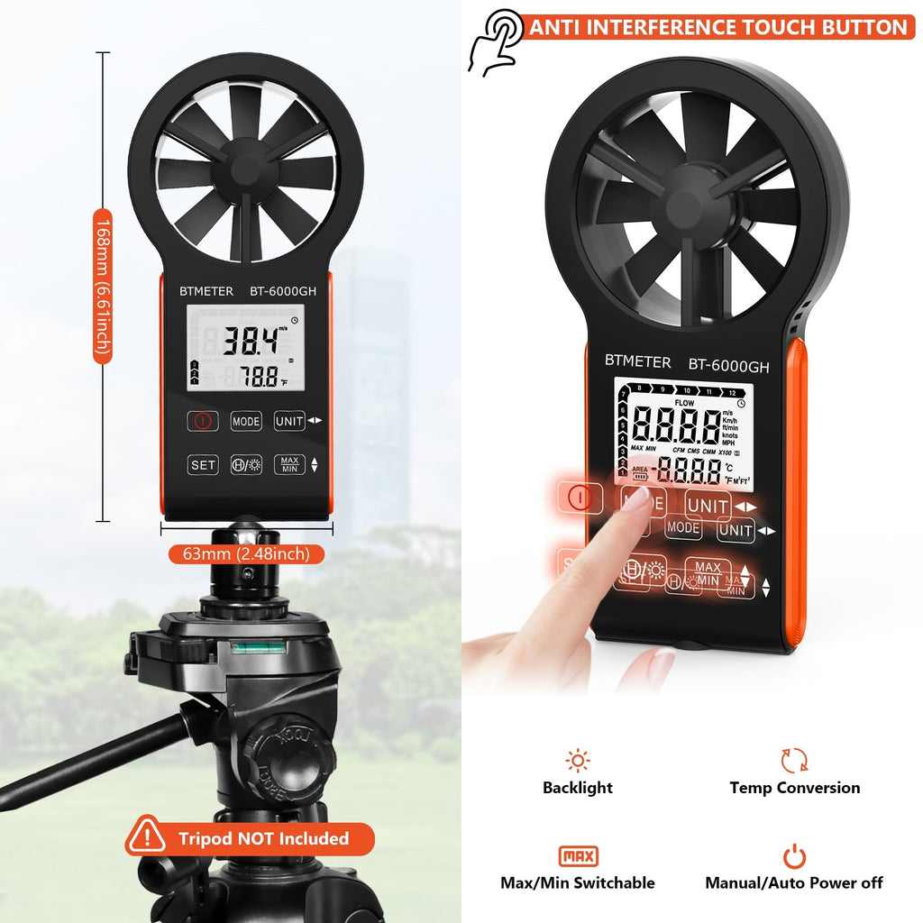BTMETER BT-6000GH Anemometer Handheld Air Flow Meter, Touch Button Anemometer CFM Meter - btmeter-store