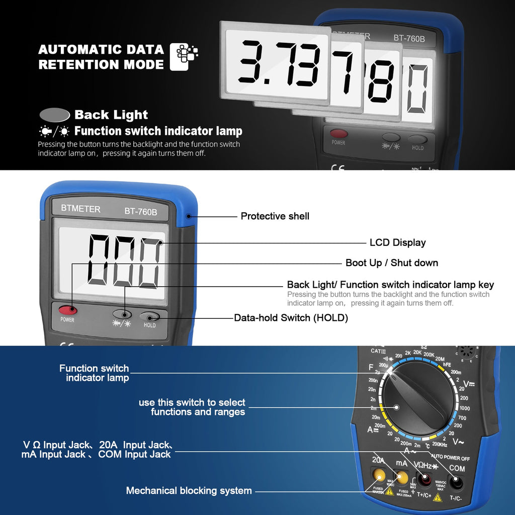 BTMETER BT - 760B Digital Multimeter Meter with Frequency Temperature - btmeter - store