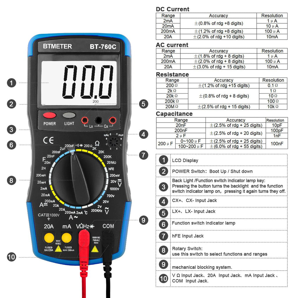 BTMETER BT - 760C Digital Multimeter DC/AC Voltage Current Inductance Tester - btmeter - store