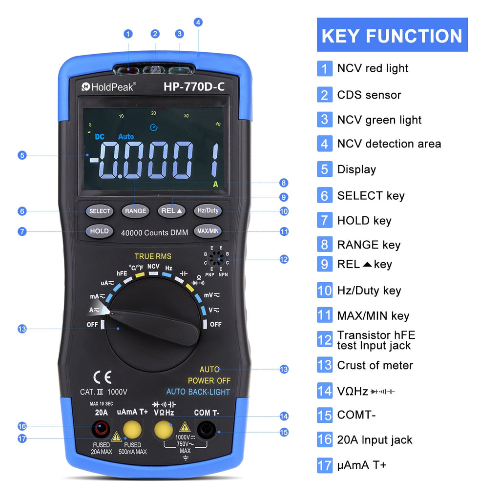 BTMETER BT - 770D - C NCV Digital Multimeter, Color Screen, Auto Range True RMS, 40000Counts - btmeter - store