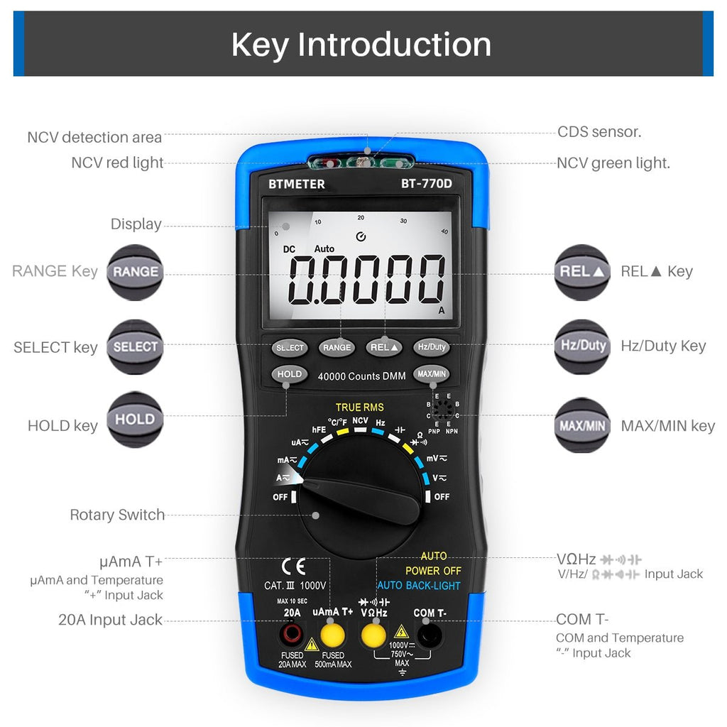 BTMETER BT - 770D NCV Digital Multimeter High - Accuracy Auto Range True RMS 40000Counts - btmeter - store