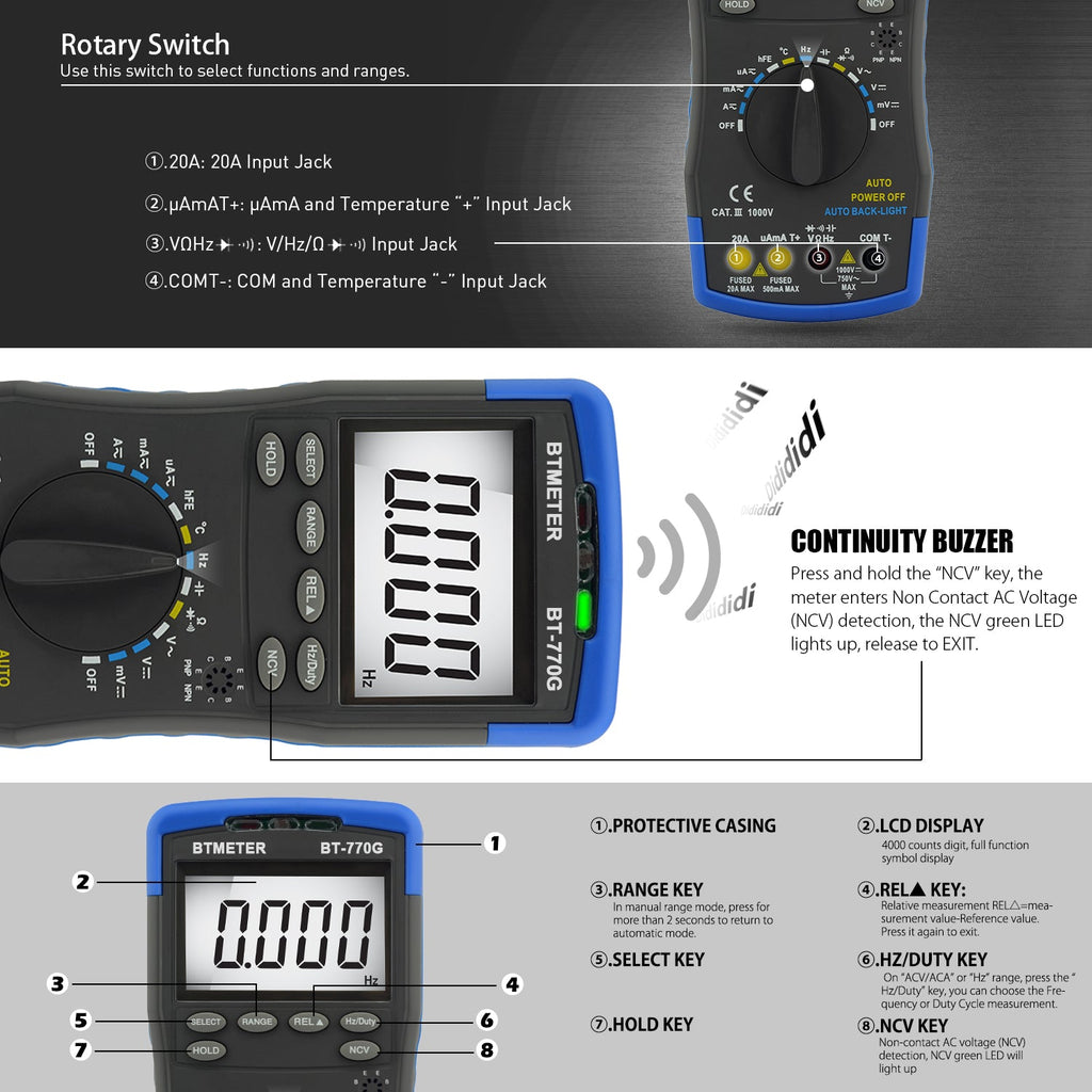 BTMETER BT - 770G Digital Multimeter DMM DC AC Voltage Temperature - btmeter - store