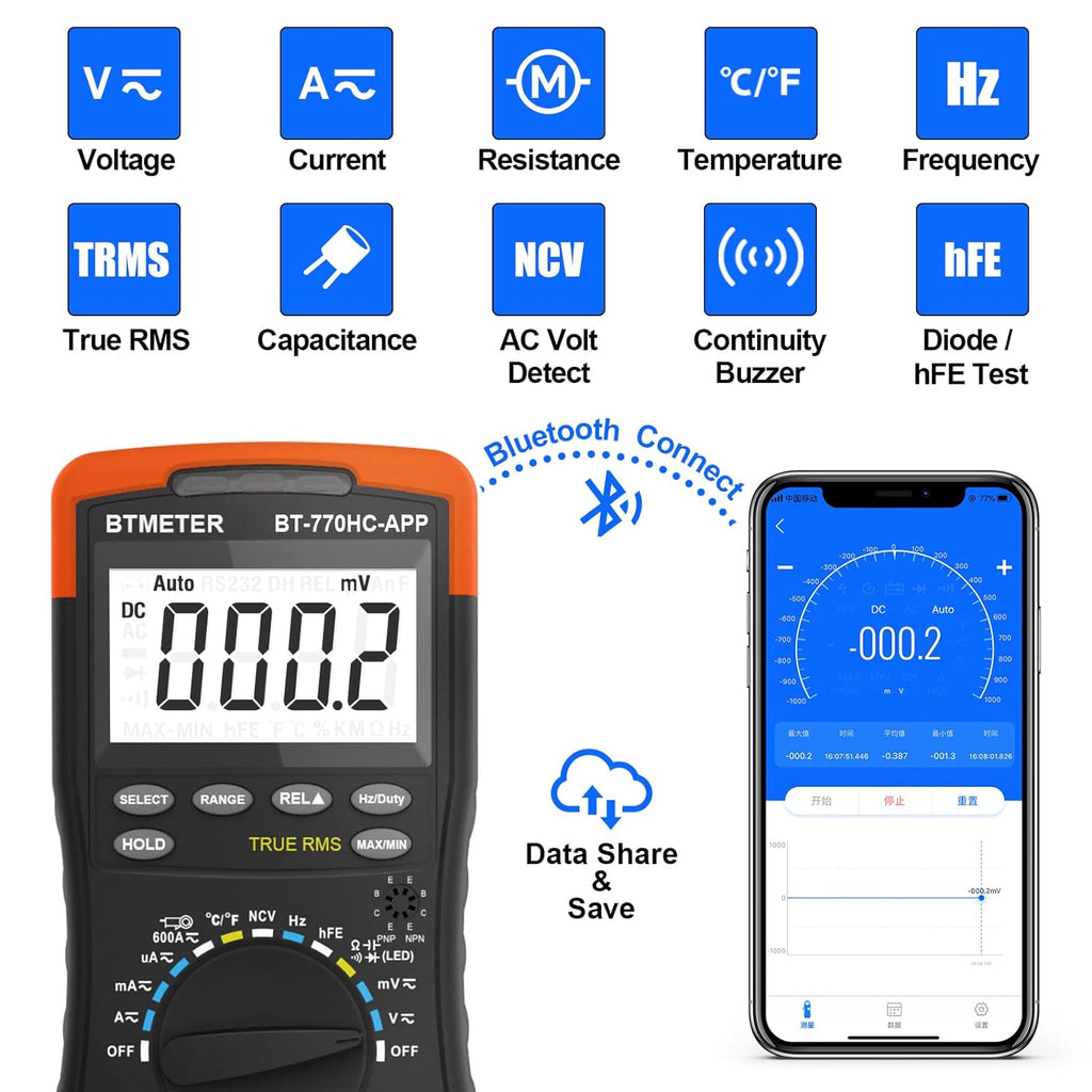 BTMETER BT - 770HC - APP Digital Multimeter, Handheld TRMS 6000 Multi Meter Auto Range Voltmeter Ammeter Measure AC DC, Connect APP - btmeter - store