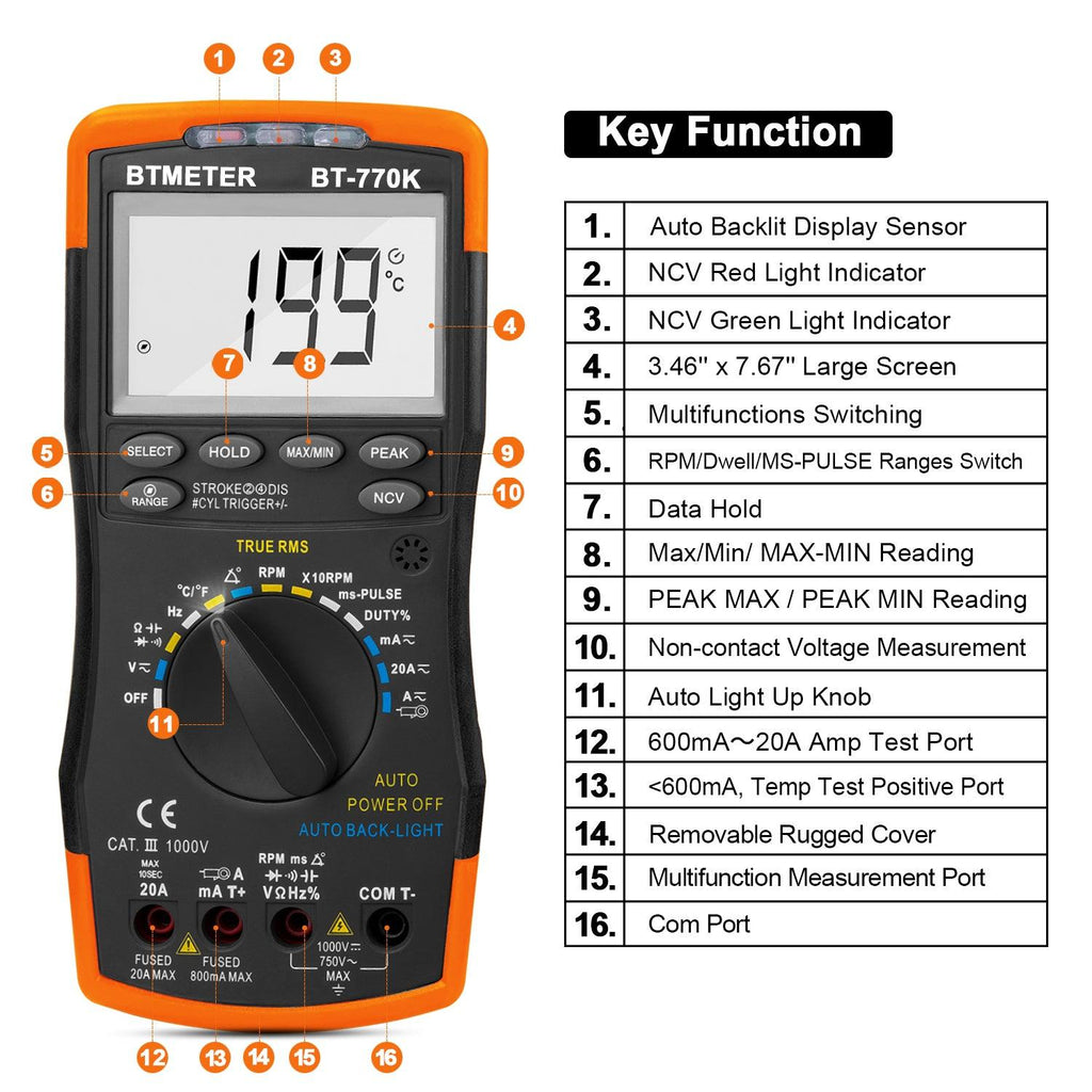 BTMETER BT - 770K Automotive AC/DC Dwell Multimeter with AC/DC Current Clamp Adapter - btmeter - store