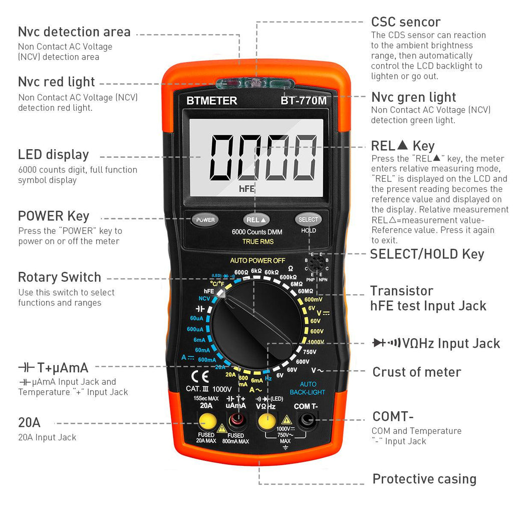 BTMETER BT - 770M Digital Multimeter TRMS 6000 Count, Auto/Manual Ranging - btmeter - store