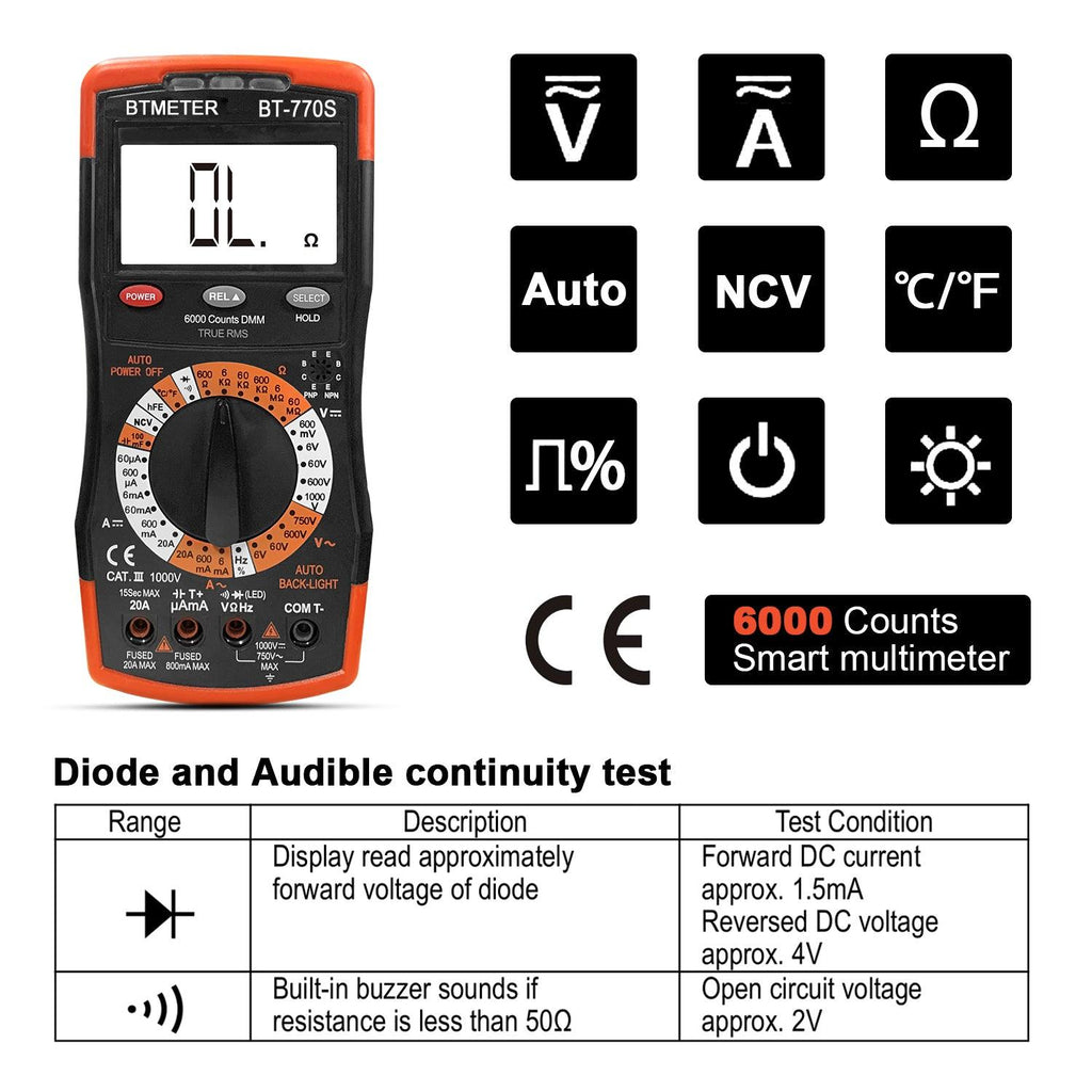 BTMETER BT - 770S Multimeter Manual Ranging Electric Meter for Automotive Hobbyist Electrical Home - btmeter - store