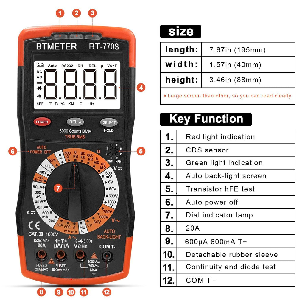 BTMETER BT - 770S Multimeter Manual Ranging Electric Meter for Automotive Hobbyist Electrical Home - btmeter - store